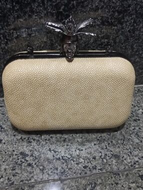 JNB Faux Stingray Shagreen Skull Clutch – Edgy Gunmetal Crystal Evening Bag